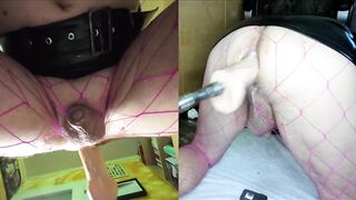 Dual View Crossdresser in shiny skirt and fishnet gets his anal pussy fucked by fucking machine, cock leaks