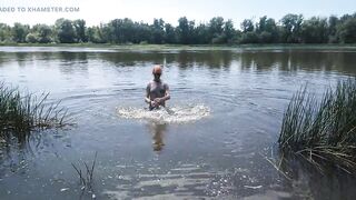 Alexa Cosmic transgirl swimming in clothes in river in jeans shirts and white t-shirt. Alexa Cosmic Wetlook Lover.