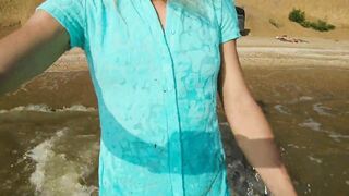 Alexa Cosmic transgirl swimming in the sea first time in teal combi dress