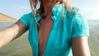 Alexa Cosmic transgirl swimming in the sea first time in teal combi dress
