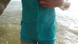 Alexa Cosmic transgirl swimming in the sea first time in teal combi dress