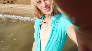 Alexa Cosmic transgirl swimming in the sea first time in teal combi dress