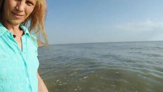 Alexa Cosmic transgirl swimming in the sea first time in teal combi dress