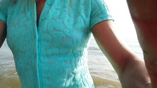 Alexa Cosmic transgirl swimming in the sea first time in teal combi dress