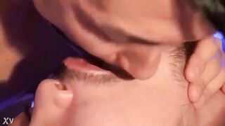 Two gay men tongue and spit kissing (Lots of tongue)