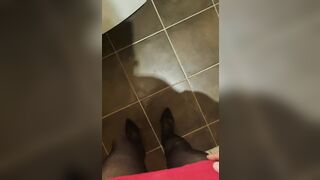 Big cumshot in GF's pink Dress, black pantyhose and high heels