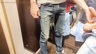 Jerk off and blowjob Action in a public changing room